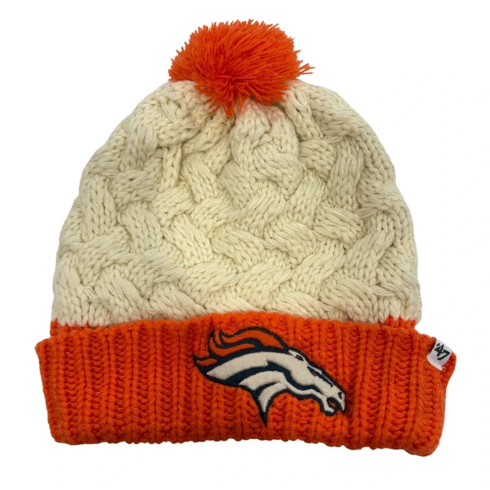 47 Brand Denver Broncos Women's Cable Knit Pom Beanie Hat Cream Orange NFL
